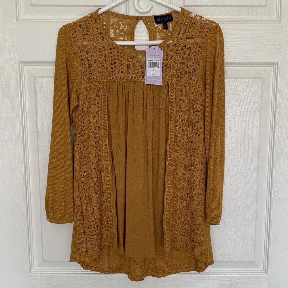 Artesia Women’s Small Mustard Yellow Lace Long Sleeve Top New